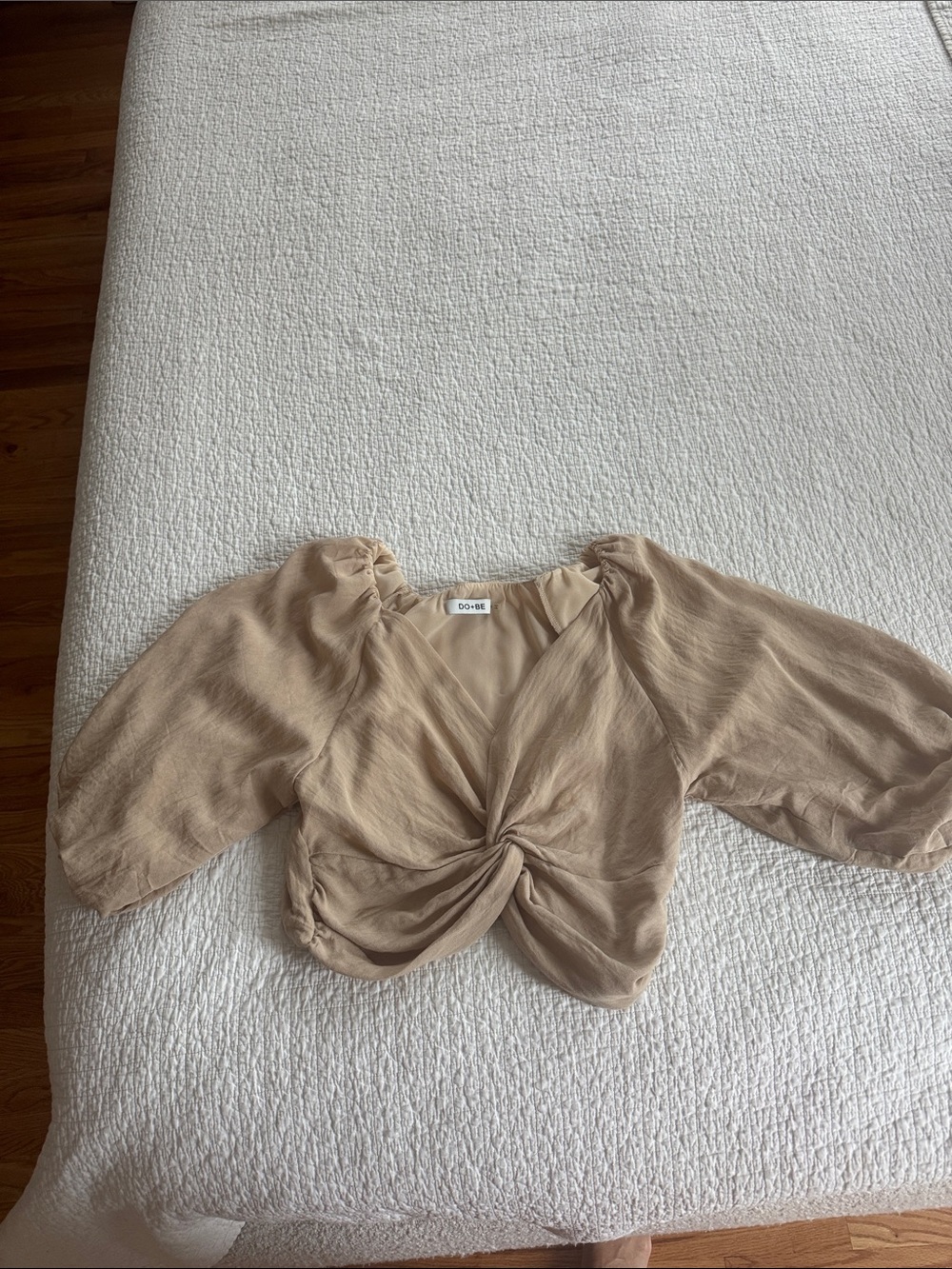 DO+BE Beige Knot-Front Puff Sleeve Top for Girls